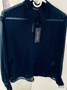 Rachel Zoe Navy Sheer Button-Up Blouse Blue shiny Dots Detail NWT S